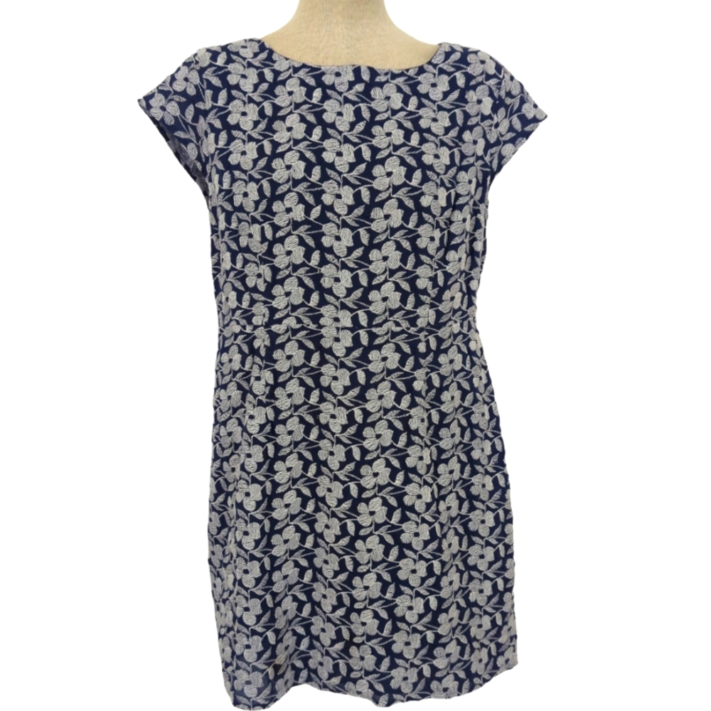 Old Navy Women Sz 12 Navy White Raised Floral Embroidered Sheath Dress Lined-116
